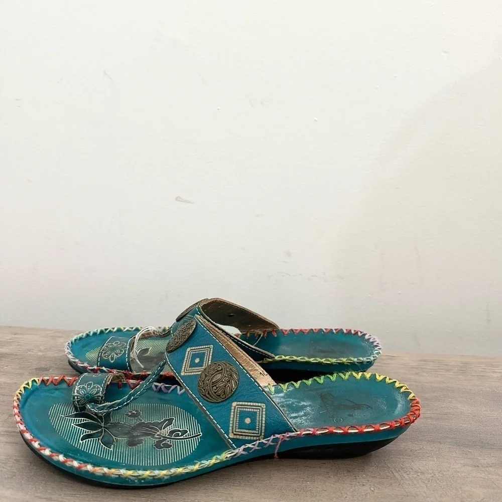 CORKYS POPPY TURQUOISE HAND PAINTED LEATHER SANDALS SIZe 9.5